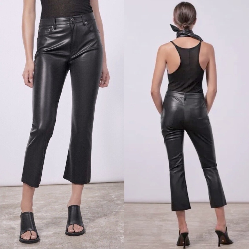 Zara Faux Leather CROPPED Pants Jeans BLACK Size EU 36/4 NEW